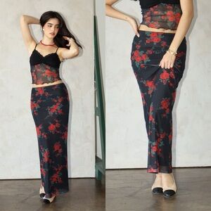 *24 HOUR SALE* On The Run Rose Printed Mesh Maxi Skirt